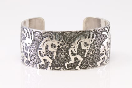 Native America Navajo Sterling Silver Kokopelli Bracelet Cuff By Ray Begay.