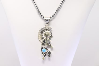 Native America Navajo Sterling Silver Turquoise Kokopelli Pendant By A.Mariano. With Pearl Beaded