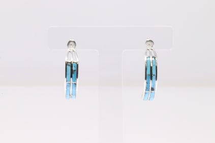 Native America Navajo Sterling Silver Turquoise Inlay Hoop Earring's By A.E.