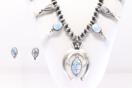Native America Navajo Sterling Silver Golden Hill Turquoise Squash Blossom Necklace & Earring's Set.