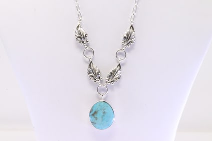 Native America Navajo Sterling Silver Turquoise Necklace By Vereley Betone.