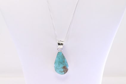 Native America Navajo Sterling Silver Turquoise Pendant with A 925 Necklace By Lorey Silversmith.