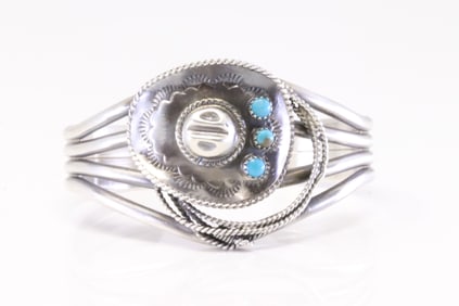 Native America Navajo Sterling Silver Turquoise Cowboy Hat Bracelet Cuff By Bobby Platero.