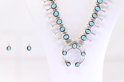 Native America Navajo Sterling Silver Turquoise Baby Squash Blossom Necklace & Earring's Set By P.G.