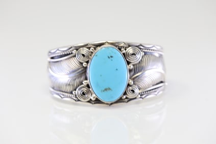 Native America Navajo Sterling Silver Turquoise Bracelet Cuff By Darrell Morgan.