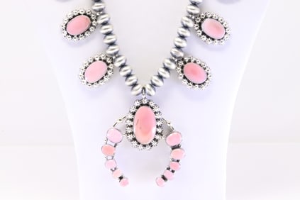 Native America Navajo Sterling Silver Pink Concho Shell Squash Blossom Necklace By lenoa Delgarito.