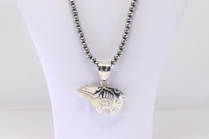Native America Navajo Sterling Silver Bear Pendant By A.Mariano. With Pearl Beaded Sterling Silver