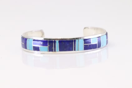 Native America Navajo Sterling Silver Lapis & Turquoise Inlay Bracelet By A.