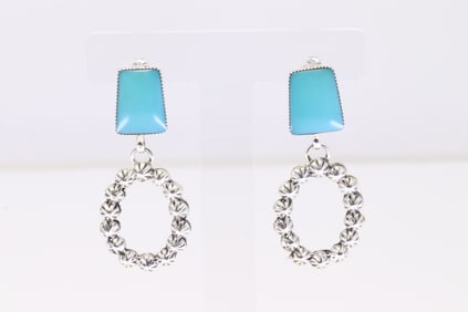 Native America Navajo Sterling Silver Turquoise Dangling / Post Earring By Phyllis A.Smith.