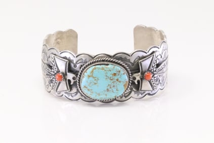 Native America Navajo Sterling Silver Coral & Turquoise Bracelet Cuff By Leroy James.