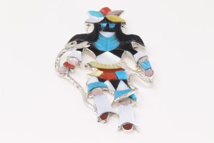 Native America Zuni Sterling Silver Multi-Color Stone Inlay Dancer Pin / Pendant.