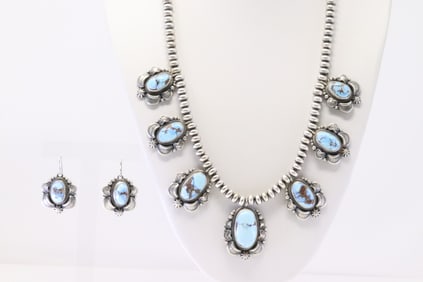 Native America Navajo Sterling Silver Golden Hills Turquoise Necklace & Earring's Set By R.H.B.