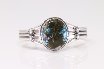 Native America Navajo Sterling Silver Kingman Turquoise Bracelet Cuff By Samson Edsitty.