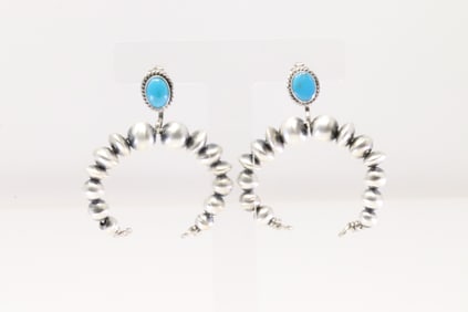Native American Navajo Sterling Silver Pearl Beaded Turquoise Post / Dangling Earring's By Rena