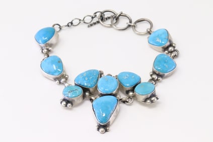 Native American Navajo Sterling Silver Turquoise Bracelet Link By M.