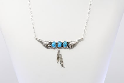 Native America Navajo Sterling Silver Turquoise Necklace By Sadie Jim.