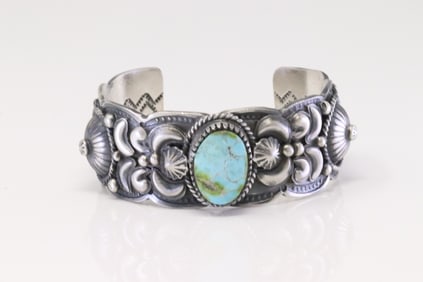 Native America Navajo Sterling Silver Sonora Gold Turquoise Bracelet Cuff By T.Jon.