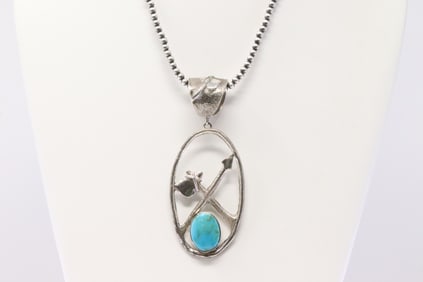 Native America Navajo Sterling Silver Turquoise Pendant By Ghassasn. With Pearl Beaded Sterling