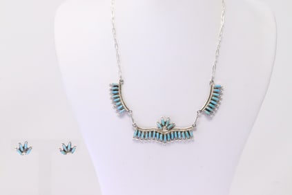 Native America Zuni Sterling Silver Turquoise Necklace & Earring's Set By Veronica Yawakia.