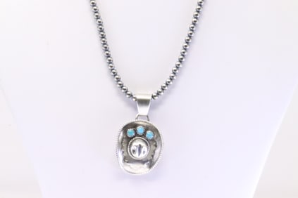Native America Navajo Sterling Silver Turquoise Cowboy Hat Pendant By Bobby Platero. With Pearl