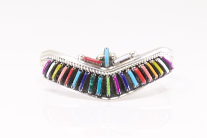 Native America Navajo Sterling Silver Synthetic Multi-Color Stone Bracelet By H.H.