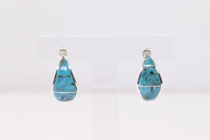 Native America Zuni Sterling Silver Turquoise Inlay Hoop Earring's By Andrew Enrico.