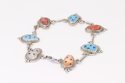 Native America Zuni Sterling Silver Multi-Color Corn Bracelet Link By T.S.B.