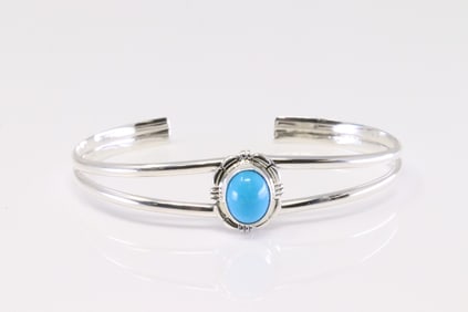 Native America Navajo Sterling Silver Turquoise Bracelet Cuff By N.J.