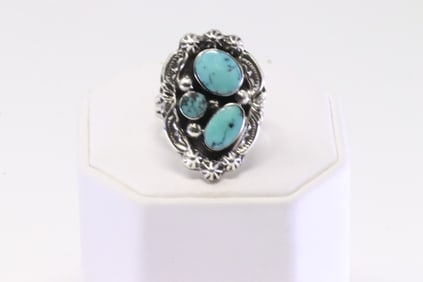 Native America Navajo Sterling Silver Turquoise Ring By Arlene Lewis.