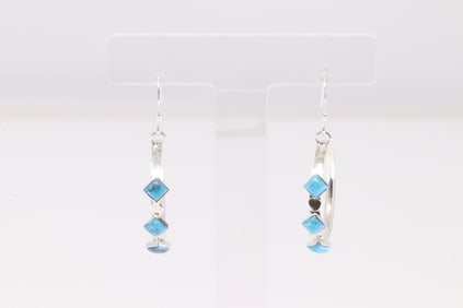 Native America Navajo Sterling Silver Turquoise Hoop Dangling Earring's By Phyllis A Smith.