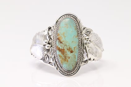 Native America Navajo Sterling Silver Turquoise Bracelet Cuff By M.Thomas Jr.