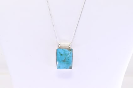 Native America Navajo Sterling Silver Turquoise Pendant with A 925 Necklace By Gilbert Smith.