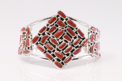Native America Navajo Sterling Silver Coral Bracelet Cuff By Marlene Jones.