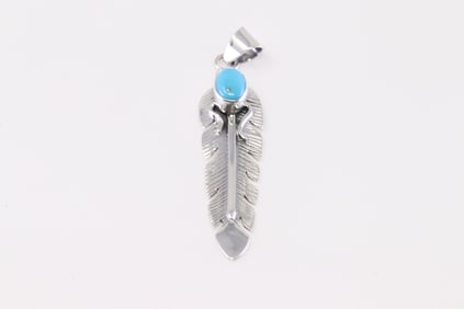 Native America Navajo Sterling Silver Turquoise Feather Pendant Jue Delgarito.