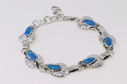 Native American Navajo Sterling Silver Blue Opal Bracelet Link.