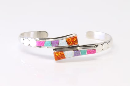 Native America Navajo Sterling Silver Synthetic Opal Multi-Color Inlay Bracelet By Bill Long.