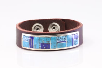 Native America Navajo Sterling Silver Lapis & Turquoise Inlay Leather Bracelet y Eidson Yazzie.