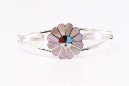 Native America Zuni Sterling Silver Multi-Color Inlay Sunface Bracelet By Burdian Soseeah.
