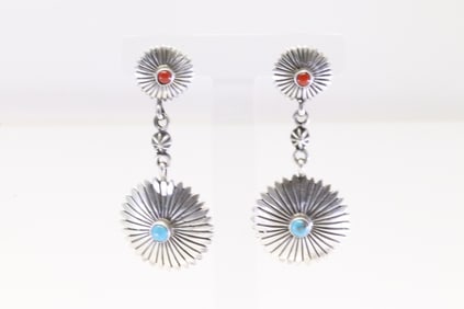 Native American Navajo Sterling Silver Coral & Turquoise Post / Dangling Earring's By Verley Betone.