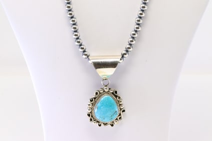 Native America Navajo Sterling Silver Turquoise Pendant By D.M. With Pearl Beaded Sterling Silver