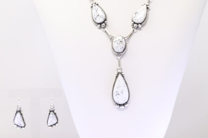 Native America Navajo Sterling Silver White Buffalo Necklace & Earring's Set By A.L.