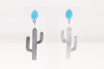 Native America Navajo Sterling Silver Turquoise Cactus Post / Dangling Earring's By Verley Betone.