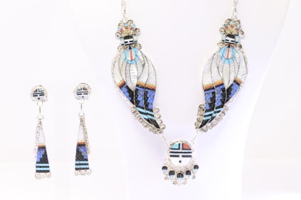 Native America Zuni Sterling Silver Multi-Color Inlay Necklace & Earring's Set By C.E.M.