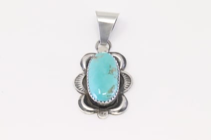 Native American Navajo Sterling Silver Kingman Turquoise Pendant By Juanita Long.