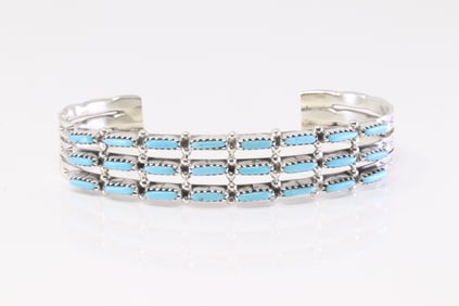 Native American Zuni Sterling Silver Turquoise Bracelet By Murray Hannaweeka.