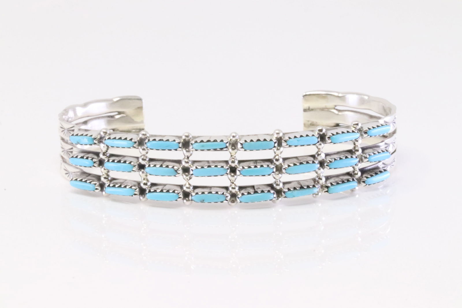 Native American Zuni Sterling Silver Turquoise Bracelet By Murray Hannaweeka. (1 of 4)