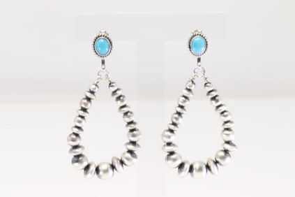 Native America Navajo Sterling Silver Turquoise / Pearl Beaded Post / Dangling Earring's By Rena