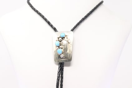 Native America Navajo Sterling Silver Turquoise Bolo Necklace By Wilber Myers.