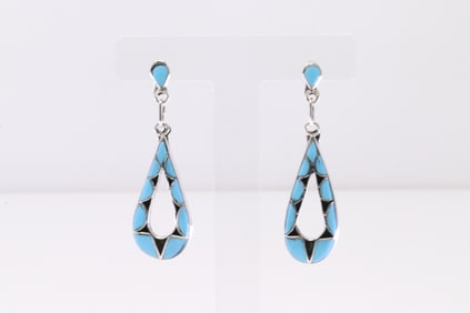 Native America Zuni Sterling Silver Turquoise Inlay Post / Dangling Earring's By Emma Bowekaty.
