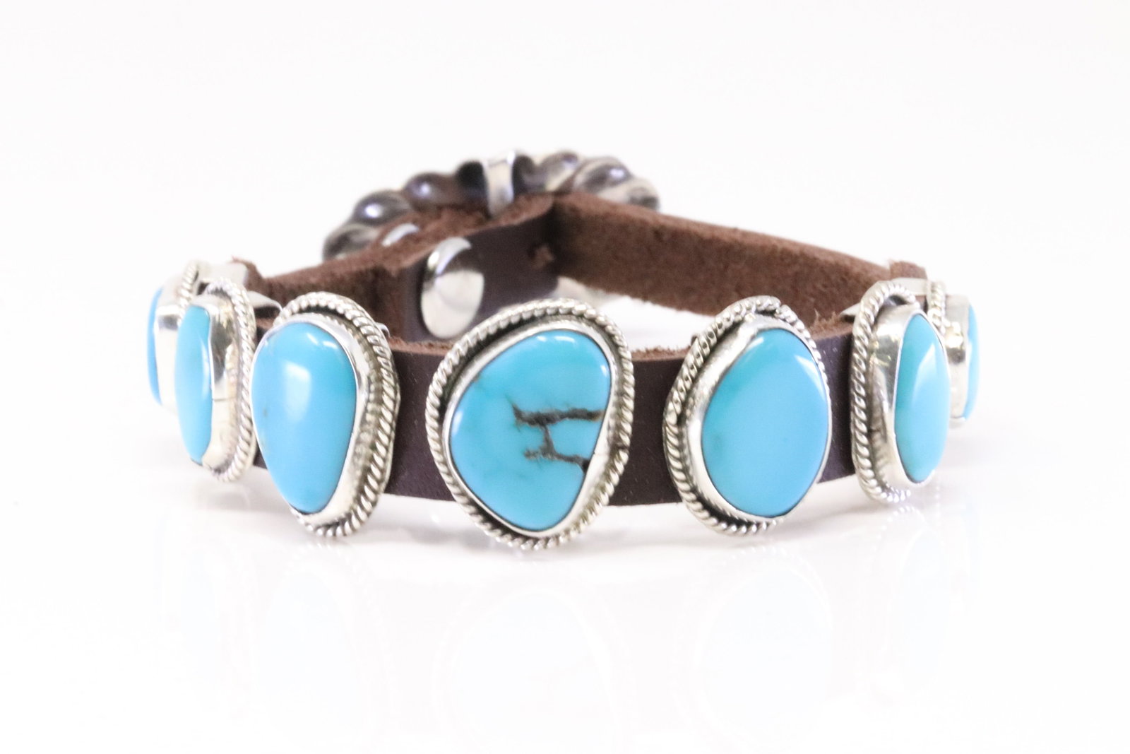 Native America Navajo Sterling Silver Turquoise Leather Bracelet By M. (1 of 4)